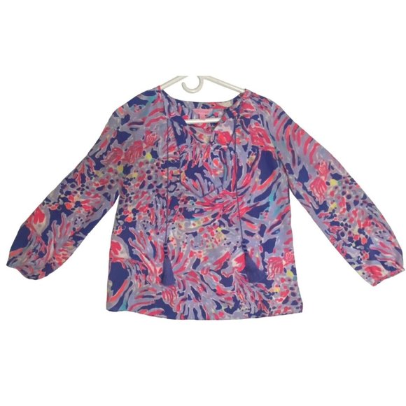 Lilly Pulitzer Women's XS Long Sleeve V-Neck Silk Elsa Top Pink Purple White - Picture 2 of 12